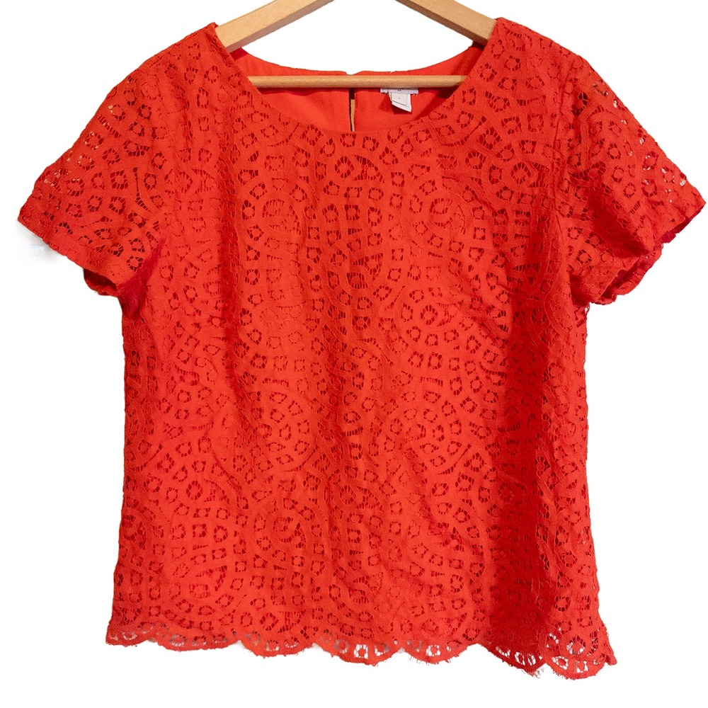 J.Crew Red Lace Short Sleeve Blouse Top Floral Geometric Pattern Womens Size 8